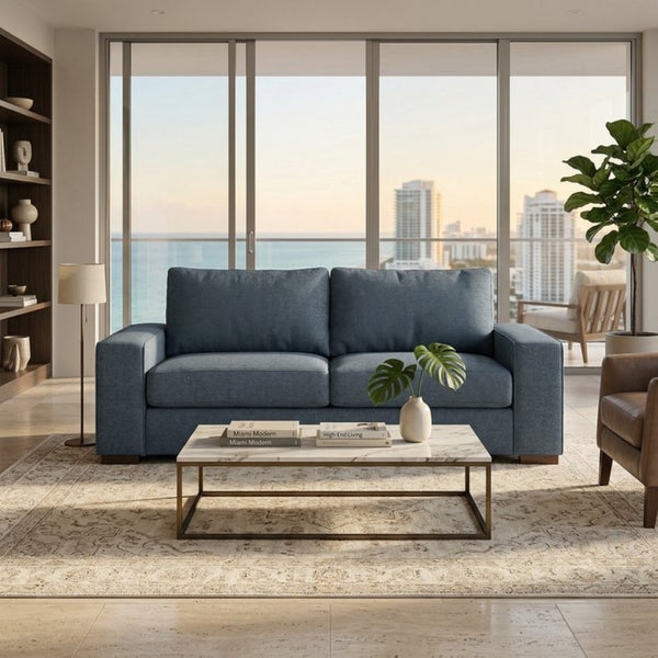 English Elm Modena Square Arm Sofa USA Handcrafted Hardwood Frame Polyester Upholstered Living Room Leslie Peacock Slate Blue B2761P498661
