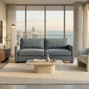 English Elm Damon American Made Sofa with Emerald Polyester Upholstery and Hardwood Frame Leslie Peacock Slate Blue B2761P498781