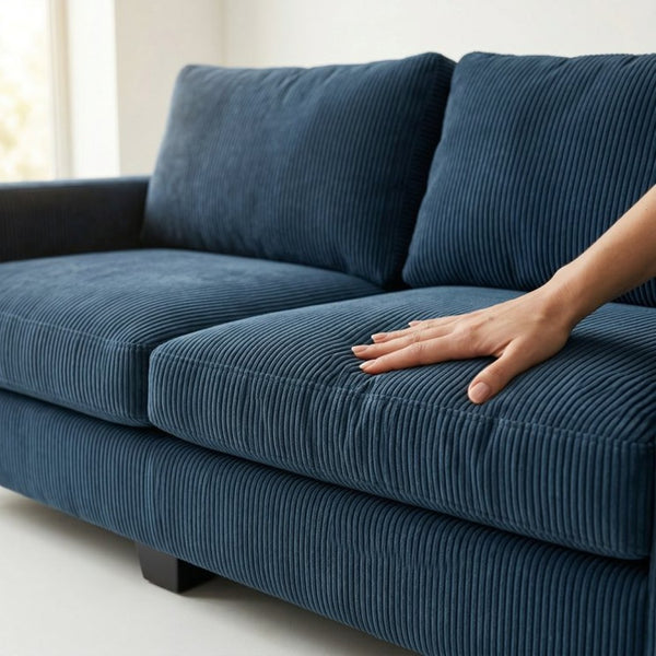 English Elm Damon American Made Sofa with Emerald Polyester Upholstery and Hardwood Frame Leslie Peacock Slate Blue B2761P498781