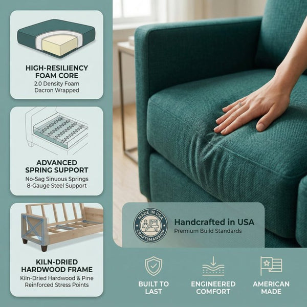 English Elm Damon Square Arm Chenille Sofa American Crafted for Classic Living Room Style Teal B2761P498783