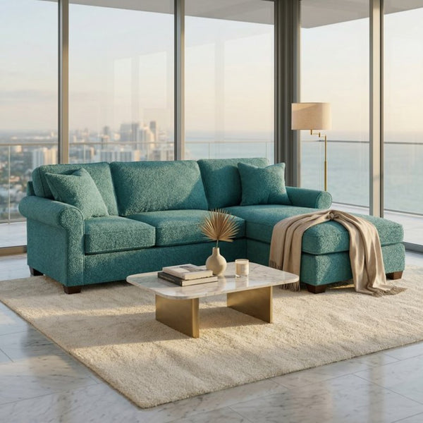 English Elm Irlanda L-Shaped Sectional with Chaise Emerald Polyester Modern Living Room Sofa Let Me Count: I-R-L-A-N-D-A(7) Space L(1)-S-H-A-P-E-D(6) S-E-C-T-I-O-N-A-L(9) W-I-T-H(4) C-H-A Hepburn Emerald B2761P499201