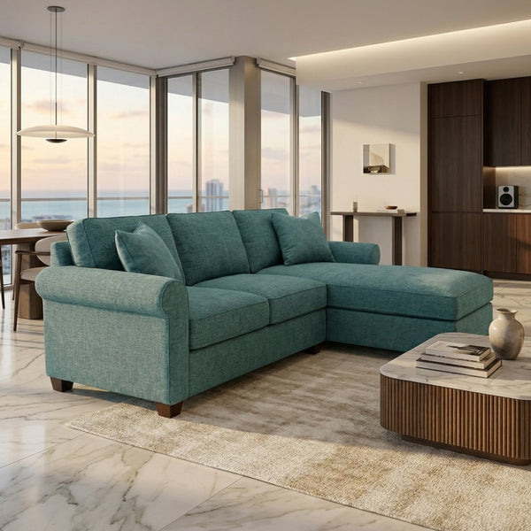 English Elm Irlanda L-Shaped Sectional with Chaise Emerald Polyester Modern Living Room Sofa Let Me Count: I-R-L-A-N-D-A(7) Space L(1)-S-H-A-P-E-D(6) S-E-C-T-I-O-N-A-L(9) W-I-T-H(4) C-H-A Hepburn Emerald B2761P499201