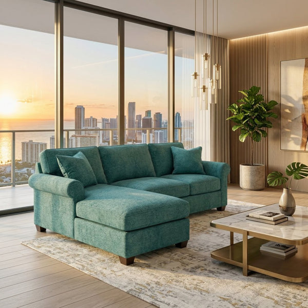 English Elm Irlanda L-Shaped Sectional with Chaise Emerald Polyester Modern Living Room Sofa Let Me Count: I-R-L-A-N-D-A(7) Space L(1)-S-H-A-P-E-D(6) S-E-C-T-I-O-N-A-L(9) W-I-T-H(4) C-H-A Hepburn Emerald B2761P499201