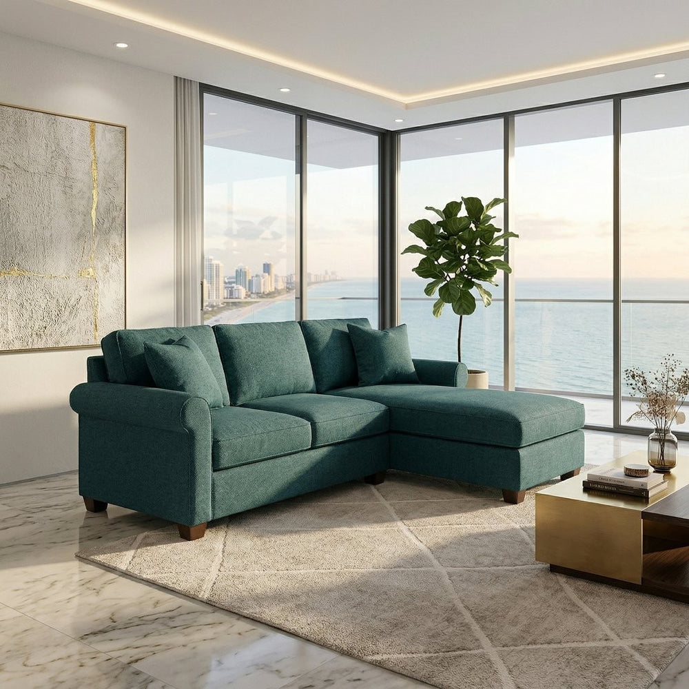 English Elm Irlanda L-Shaped Sectional with Chaise Emerald Polyester Modern Living Room Sofa Let Me Count: I-R-L-A-N-D-A(7) Space L(1)-S-H-A-P-E-D(6) S-E-C-T-I-O-N-A-L(9) W-I-T-H(4) C-H-A Hepburn Teal B2761P499203