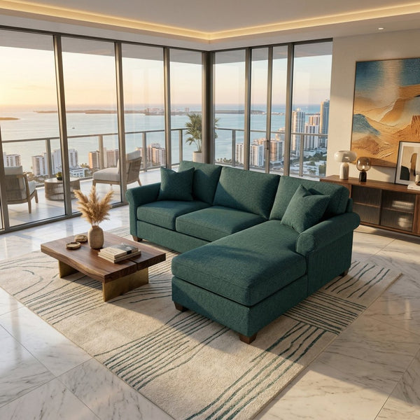 English Elm Irlanda L-Shaped Sectional with Chaise Emerald Polyester Modern Living Room Sofa Let Me Count: I-R-L-A-N-D-A(7) Space L(1)-S-H-A-P-E-D(6) S-E-C-T-I-O-N-A-L(9) W-I-T-H(4) C-H-A Hepburn Teal B2761P499203