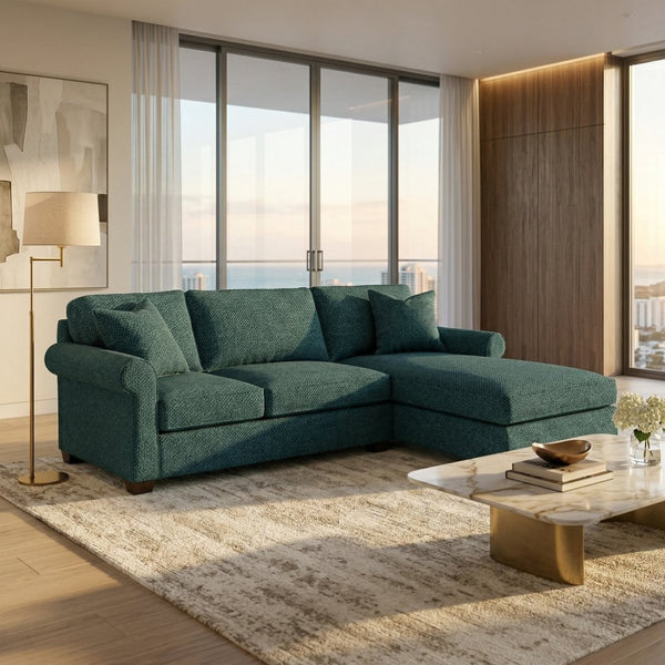 English Elm Irlanda L-Shaped Sectional with Chaise Emerald Polyester Modern Living Room Sofa Let Me Count: I-R-L-A-N-D-A(7) Space L(1)-S-H-A-P-E-D(6) S-E-C-T-I-O-N-A-L(9) W-I-T-H(4) C-H-A Hepburn Teal B2761P499203
