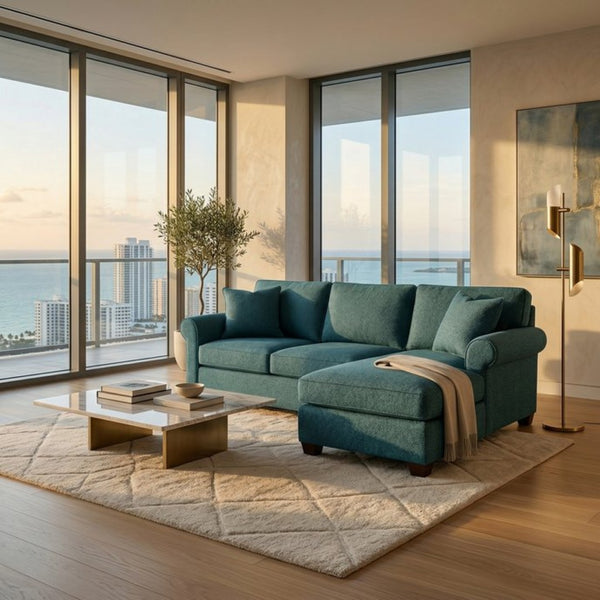 English Elm Irlanda L-Shaped Sectional with Chaise Emerald Polyester Modern Living Room Sofa Let Me Count: I-R-L-A-N-D-A(7) Space L(1)-S-H-A-P-E-D(6) S-E-C-T-I-O-N-A-L(9) W-I-T-H(4) C-H-A Hepburn Teal B2761P499203