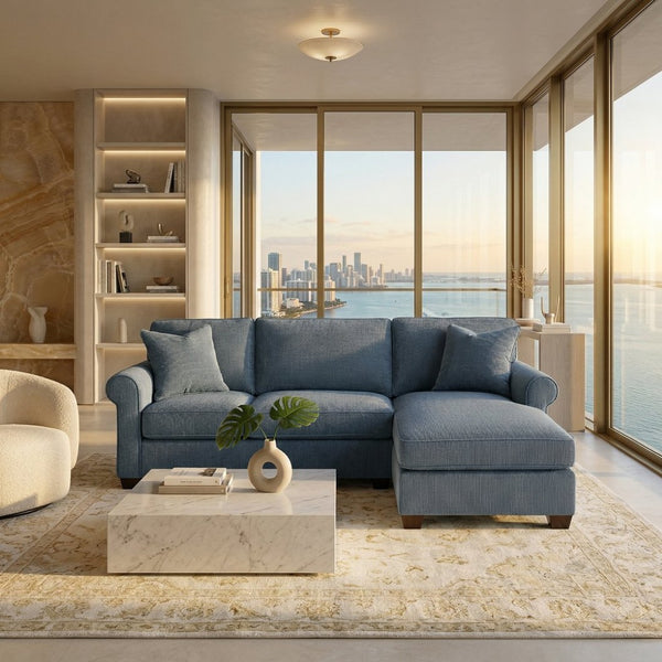 English Elm Irlanda L-Shaped Sectional with Chaise Emerald Polyester Modern Living Room Sofa Let Me Count: I-R-L-A-N-D-A(7) Space L(1)-S-H-A-P-E-D(6) S-E-C-T-I-O-N-A-L(9) W-I-T-H(4) C-H-A Leslie Peacock Slate Blue B2761P499205