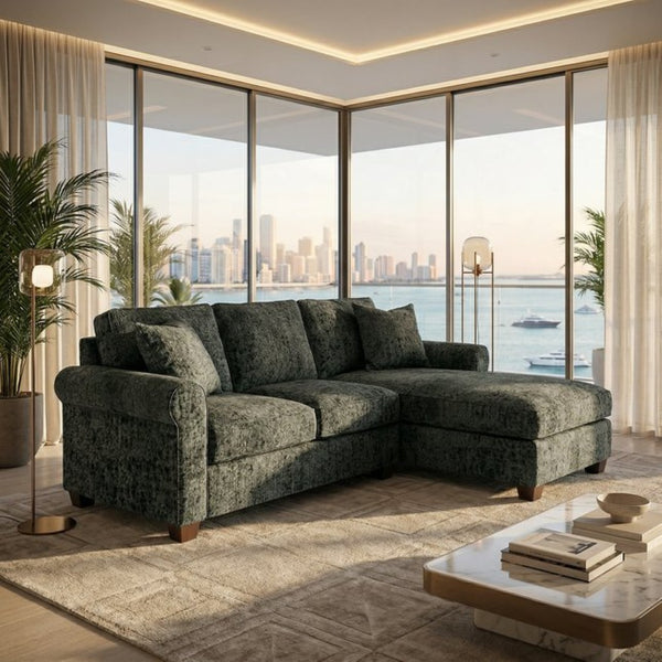 English Elm Talmadge L-shaped Chenille Sectional Handcrafted Usa Chaise Lounge Contemporary Living Room Antique Charcoal (Green) B2761P499209