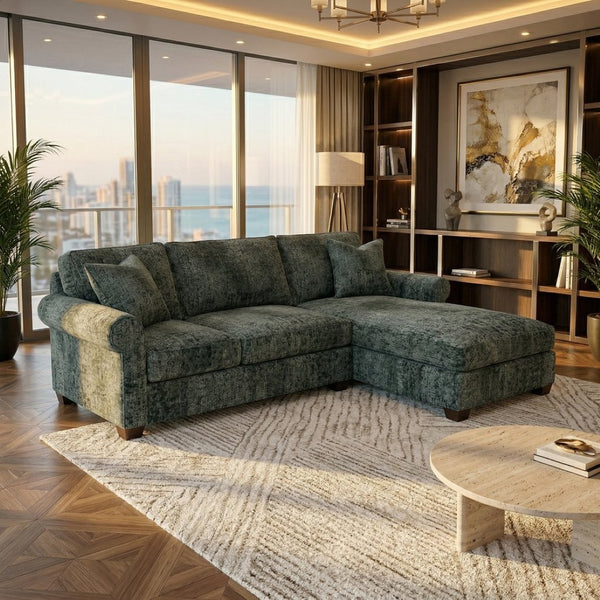 English Elm Talmadge L-shaped Chenille Sectional Handcrafted Usa Chaise Lounge Contemporary Living Room Antique Charcoal (Green) B2761P499209