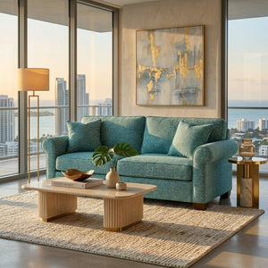 English Elm Irlanda Emerald Polyester Sofa Handcrafted in USA with Square Arms for Living Rooms Hepburn Emerald B2761P502673