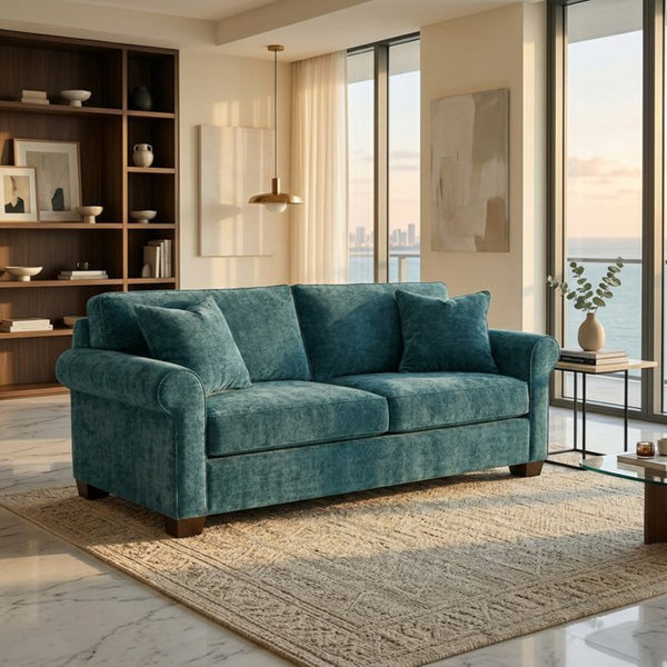 English Elm Irlanda Emerald Polyester Sofa Handcrafted in USA with Square Arms for Living Rooms Hepburn Emerald B2761P502673
