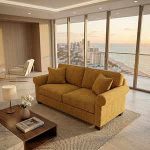 English Elm Irlanda Emerald Polyester Sofa Handcrafted in USA with Square Arms for Living Rooms Yellow Hepburn Chai Tea B2761P502674