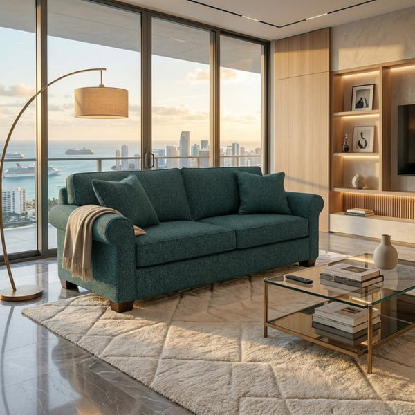 English Elm Irlanda Emerald Polyester Sofa Handcrafted in USA with Square Arms for Living Rooms Hepburn Teal Blue B2761P502675