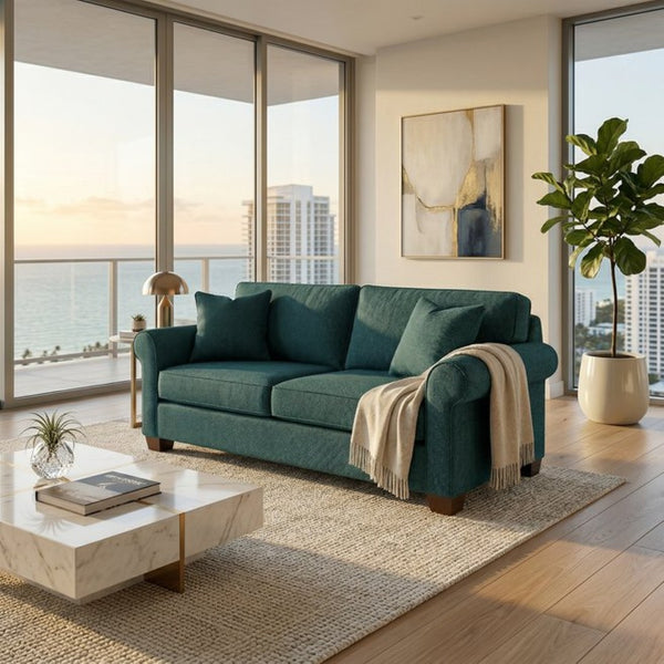 English Elm Irlanda Emerald Polyester Sofa Handcrafted in USA with Square Arms for Living Rooms Hepburn Teal Blue B2761P502675