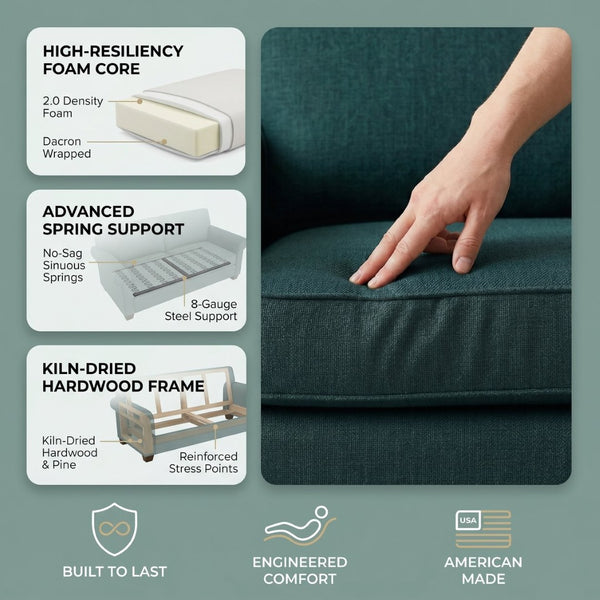 English Elm Irlanda Emerald Polyester Sofa Handcrafted in USA with Square Arms for Living Rooms Hepburn Teal Blue B2761P502675