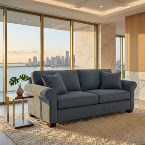 English Elm Irlanda Emerald Polyester Sofa Handcrafted in USA with Square Arms for Living Rooms Leslie Peacock Slate Blue B2761P502677