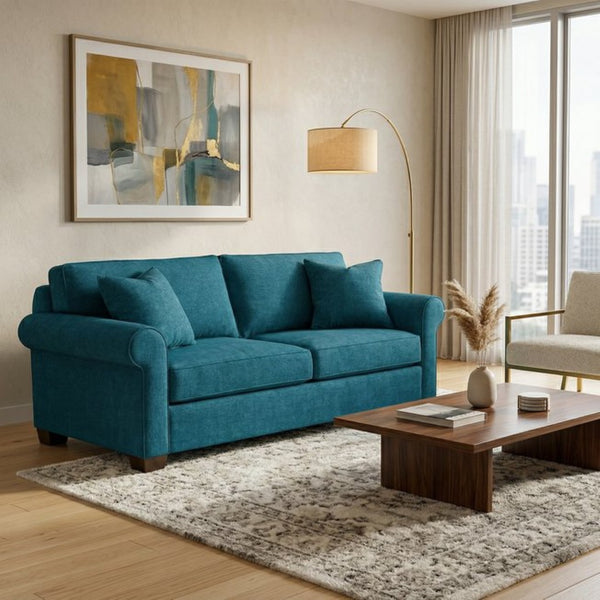 English Elm Irlanda Velvet Three Cushion Sofa USA Crafted Tailored Square Arm Living Room Peacock Blue B2761P502679