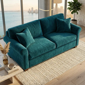 English Elm Irlanda Velvet Three Cushion Sofa USA Crafted Tailored Square Arm Living Room Peacock Blue B2761P502679