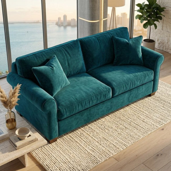 English Elm Irlanda Velvet Three Cushion Sofa USA Crafted Tailored Square Arm Living Room Peacock Blue B2761P502679
