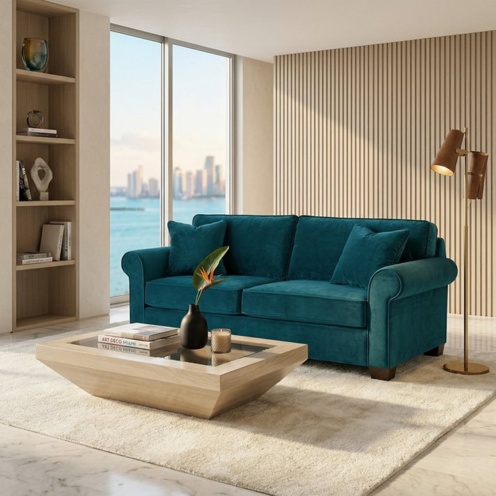 English Elm Irlanda Velvet Three Cushion Sofa USA Crafted Tailored Square Arm Living Room Peacock Blue B2761P502679