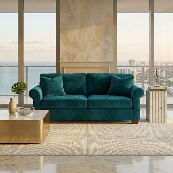 English Elm Irlanda Velvet Three Cushion Sofa USA Crafted Tailored Square Arm Living Room Peacock Blue B2761P502679
