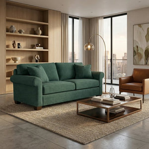 English Elm Irlanda Velvet Three Cushion Sofa USA Crafted Tailored Square Arm Living Room Forest Green B2761P502680