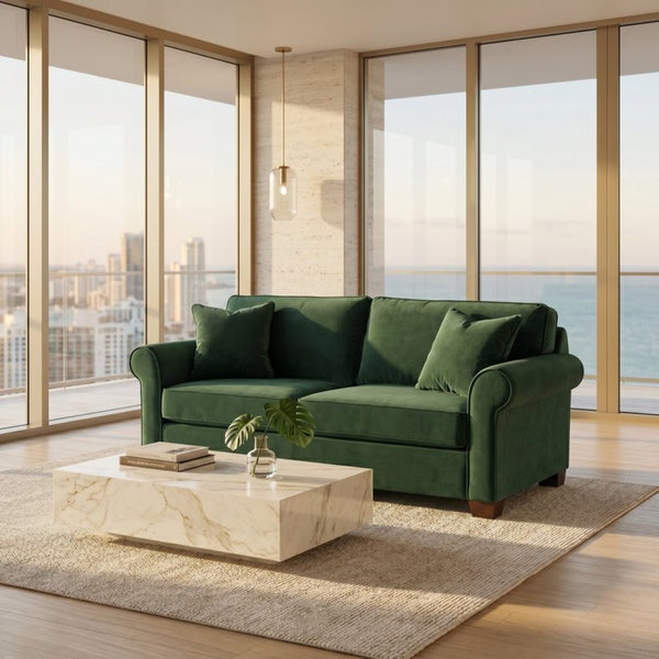 English Elm Irlanda Velvet Three Cushion Sofa USA Crafted Tailored Square Arm Living Room Forest Green B2761P502680