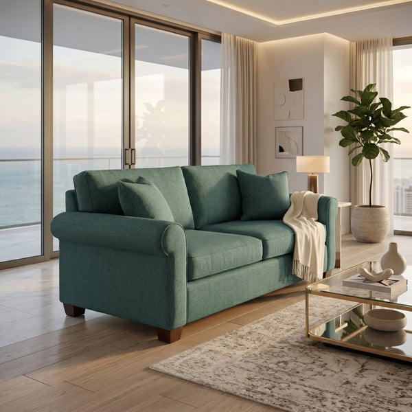 English Elm Irlanda Velvet Three Cushion Sofa USA Crafted Tailored Square Arm Living Room Forest Green B2761P502680