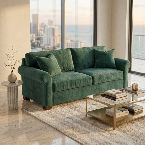 English Elm Irlanda Velvet Three Cushion Sofa USA Crafted Tailored Square Arm Living Room Forest Green B2761P502680