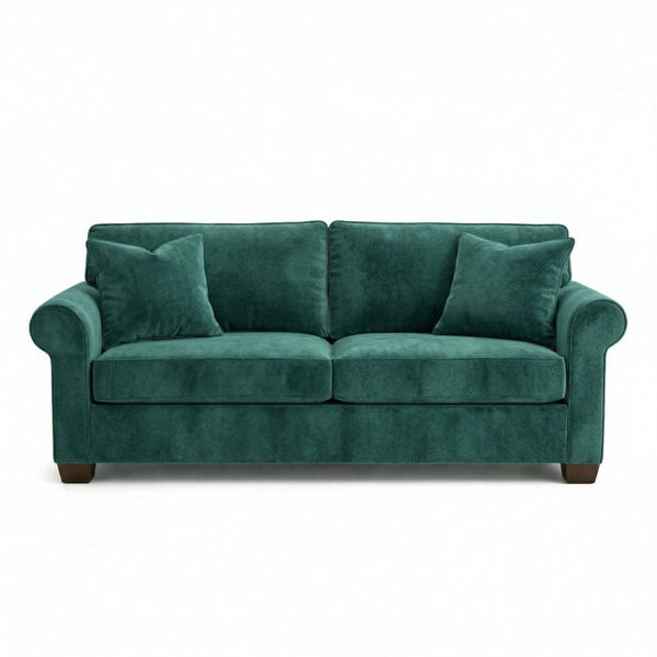 English Elm Irlanda Velvet Three Cushion Sofa USA Crafted Tailored Square Arm Living Room Forest Green B2761P502680
