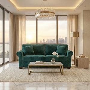 English Elm Irlanda Velvet Three Cushion Sofa USA Crafted Tailored Square Arm Living Room Forest Green B2761P502680