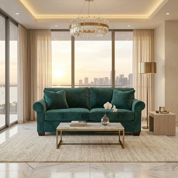 English Elm Irlanda Velvet Three Cushion Sofa USA Crafted Tailored Square Arm Living Room Forest Green B2761P502680