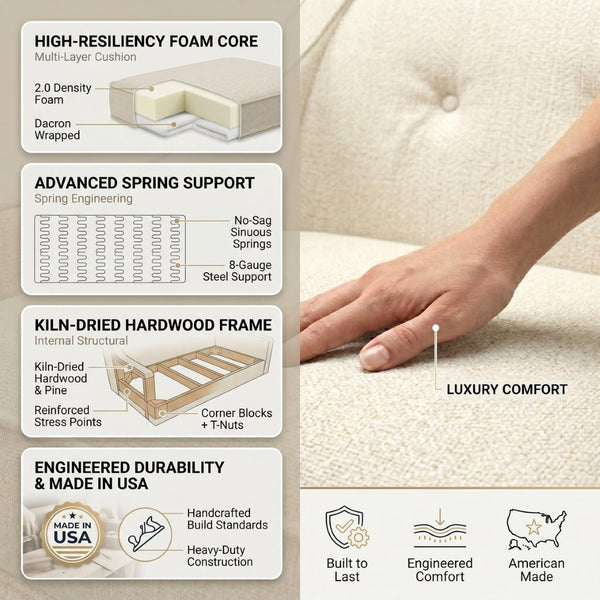 English Elm Berlin Sofa Square Arm Polyester Upholstered Transitional Living Room Seating Handcrafted Ivory B2761P527934