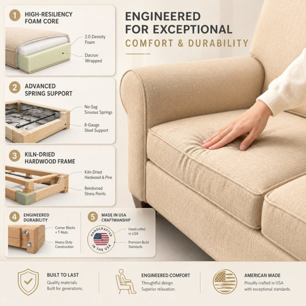 English Elm Augusta Classic Square Arm Sofa Handcrafted in Usa with Premium Polyester Upholstery Beige Redondo Oyster B2761P527941