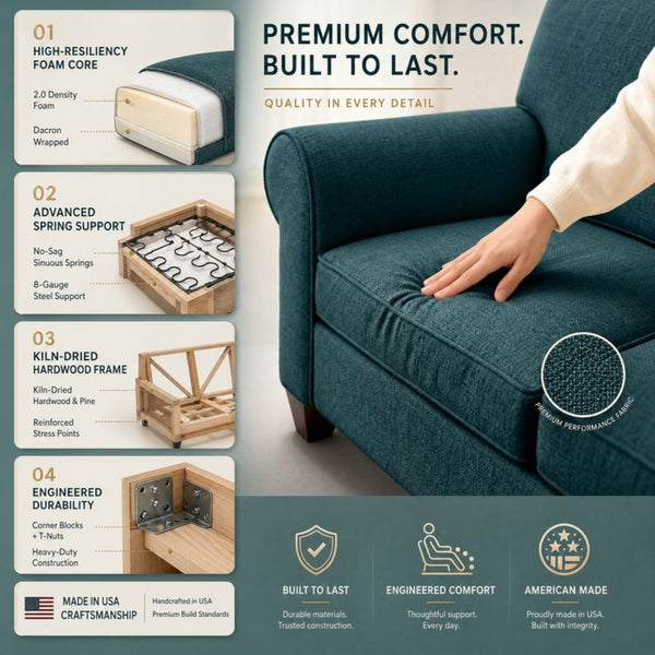 English Elm Augusta Classic Square Arm Sofa Handcrafted in Usa with Premium Polyester Upholstery Teal Blue Hepburn Teal B2761P527943