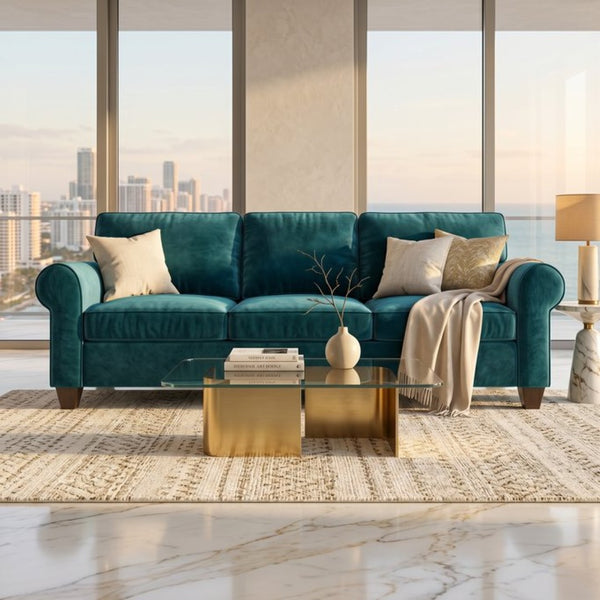 English Elm Augusta Velvet Sofa Handcrafted in Usa with Structured Square Arms for Living Rooms Peacock Blue B2761P527944