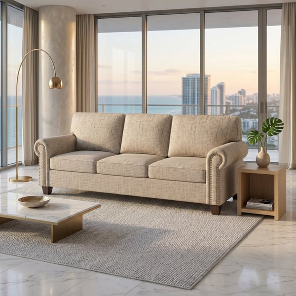 English Elm Augusta Classic Square Arm Sofa Handcrafted in Usa with Premium Polyester Upholstery Beige Oceanside Natural B2761P527948
