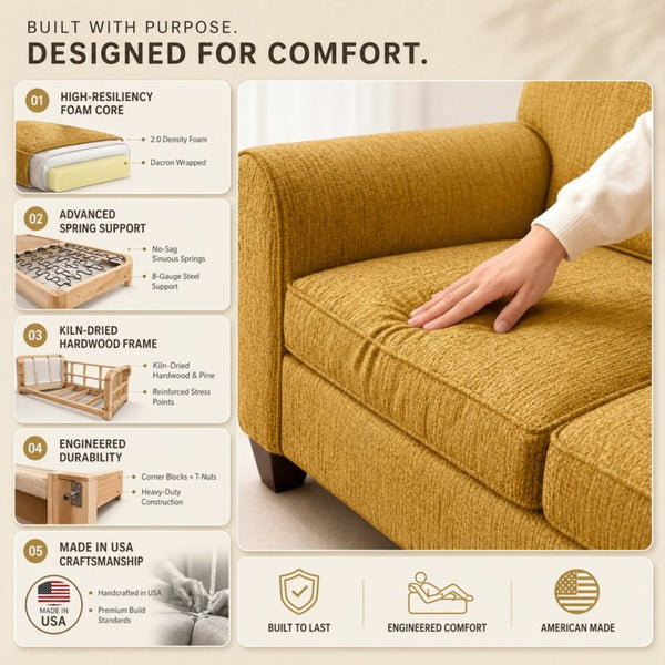 English Elm Augusta Classic Square Arm Sofa Handcrafted in Usa with Premium Polyester Upholstery Mustard Yellow Hepburn Chai Tea B2761P527950