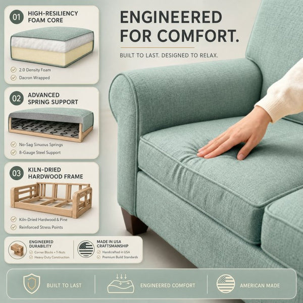 English Elm Augusta Classic Square Arm Sofa Handcrafted in Usa with Premium Polyester Upholstery Light Blue Leslie Robins Egg B2761P527952