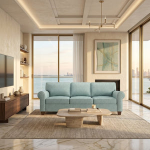 English Elm Augusta Classic Square Arm Sofa Handcrafted in Usa with Premium Polyester Upholstery Light Blue Leslie Robins Egg B2761P527952