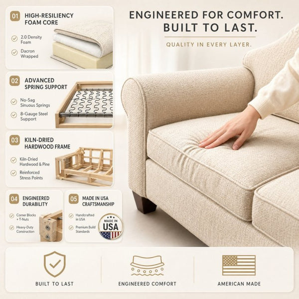 English Elm Augusta Classic Square Arm Sofa Handcrafted in Usa with Premium Polyester Upholstery Ivory Catalina Ivory B2761P527953