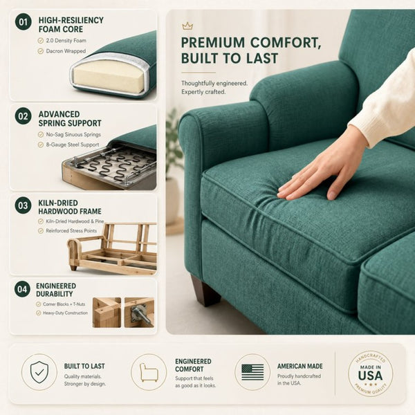 English Elm Augusta Velvet Sofa Handcrafted in Usa with Structured Square Arms for Living Rooms Forest Green B2761P527954