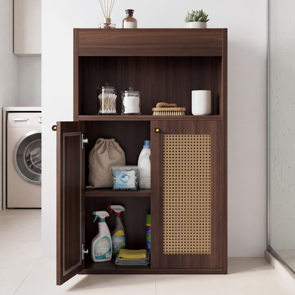 English Elm Omchom Rattan Door Freestanding Storage Cabinet with Adjustable Shelf for Bathroom Hallway Brown B2764P518714