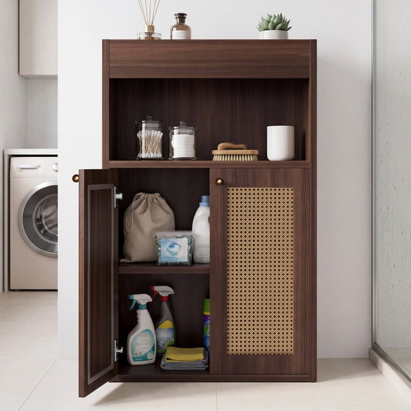 English Elm Omchom Rattan Door Freestanding Storage Cabinet with Adjustable Shelf for Bathroom Hallway Brown B2764P518714