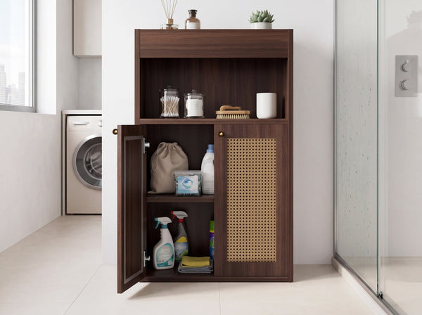 English Elm Omchom Rattan Door Freestanding Storage Cabinet with Adjustable Shelf for Bathroom Hallway Brown B2764P518714