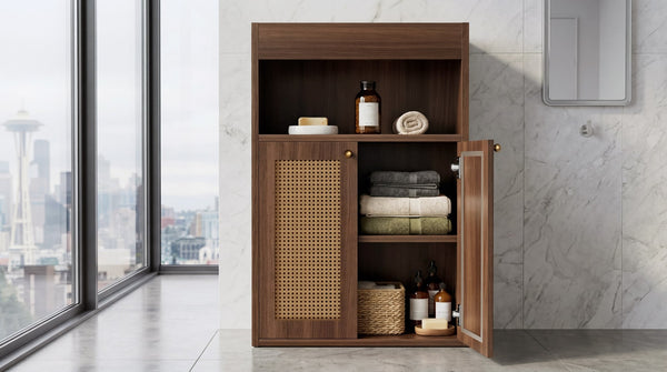 English Elm Omchom Rattan Door Freestanding Storage Cabinet with Adjustable Shelf for Bathroom Hallway Brown B2764P518714