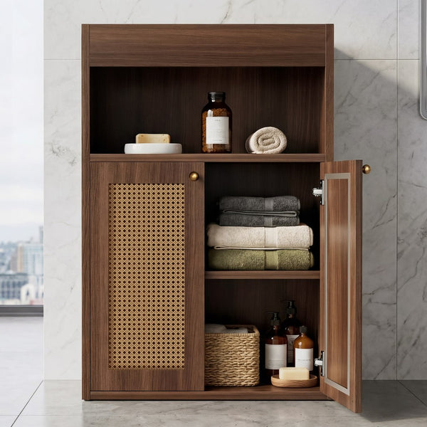English Elm Omchom Rattan Door Freestanding Storage Cabinet with Adjustable Shelf for Bathroom Hallway Brown B2764P518714