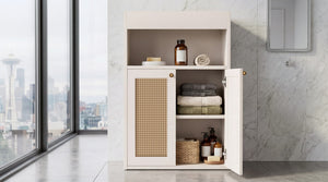 English Elm Omchom Rattan Door Freestanding Storage Cabinet with Adjustable Shelf for Bathroom Hallway White B2764P518715