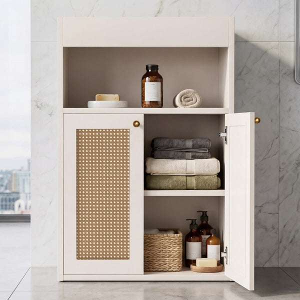 English Elm Omchom Rattan Door Freestanding Storage Cabinet with Adjustable Shelf for Bathroom Hallway White B2764P518715
